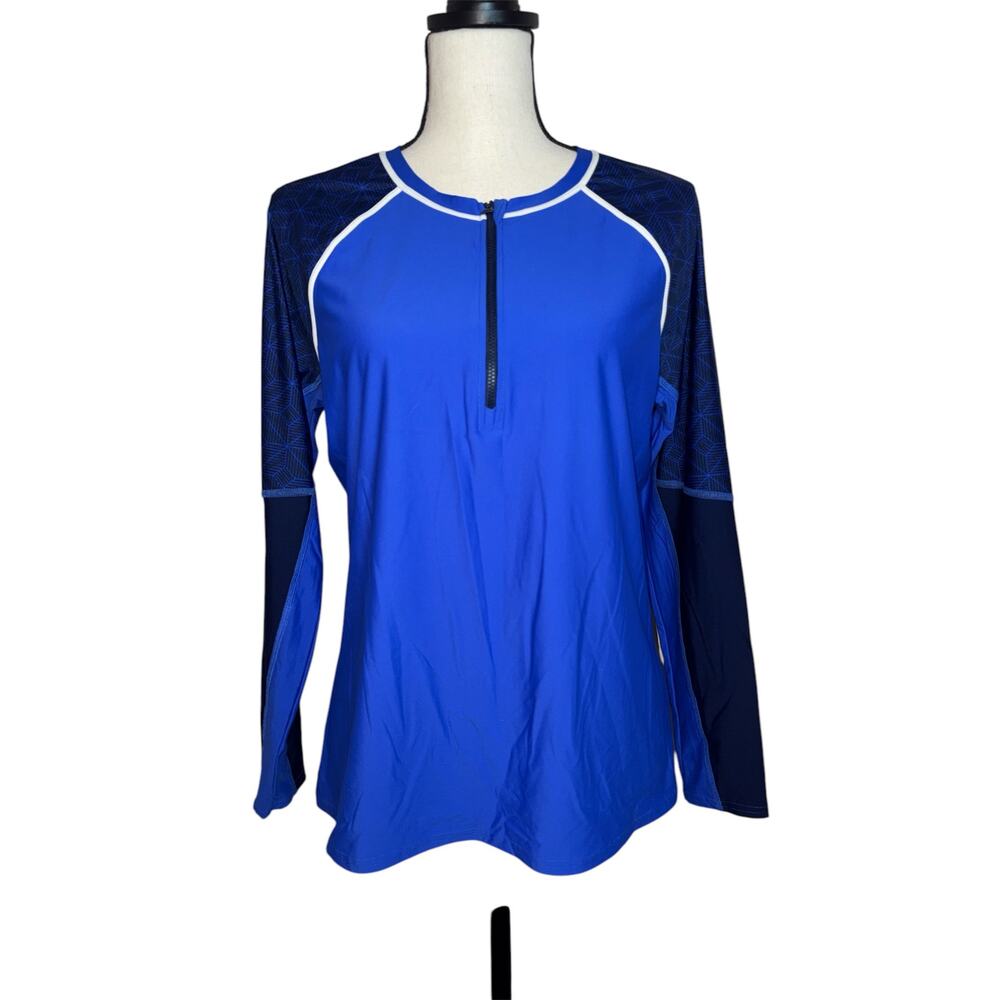 LL Bean Women’s Large Rash Guard Blue ReNew Swimwear Long Sleeve Quarter Zip